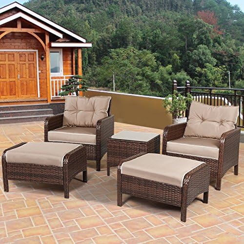 Costway 5 PCS Rattan Wicker Furniture Set Sofa Ottoman W/Brown Cushion Patio Garden Yard