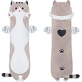 SNOWOLF Cute Long Cat Plush Body Pillow, Kawaii Cat Plushie Toys Cuddle Cartoon Stuffed Animals Soft Kitten Throw Pillow Doll Gift for Kids Girls Boys (35.5", Grey)