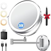 Auxmir 5000mAh Rechargeable Wall Mounted Makeup Mirror, 1X/30X Double-Sided Magnifying Mirror with Light, 9" Lighted Vanity M