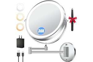 Auxmir 5000mAh Rechargeable Wall Mounted Makeup Mirror, 1X/30X Double-Sided Magnifying Mirror with Light, 9" Lighted Vanity M