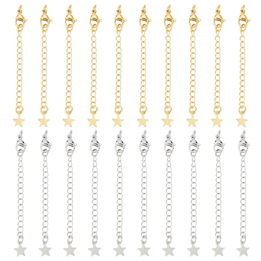 Beebeecraft 20Pcs Necklace Extenders 18K Gold & Platinum Plated 2 Colors 70mm Extender Chain End Chains with Lobster Claw Clasps and Star Chain Tabs for Jewelry Making