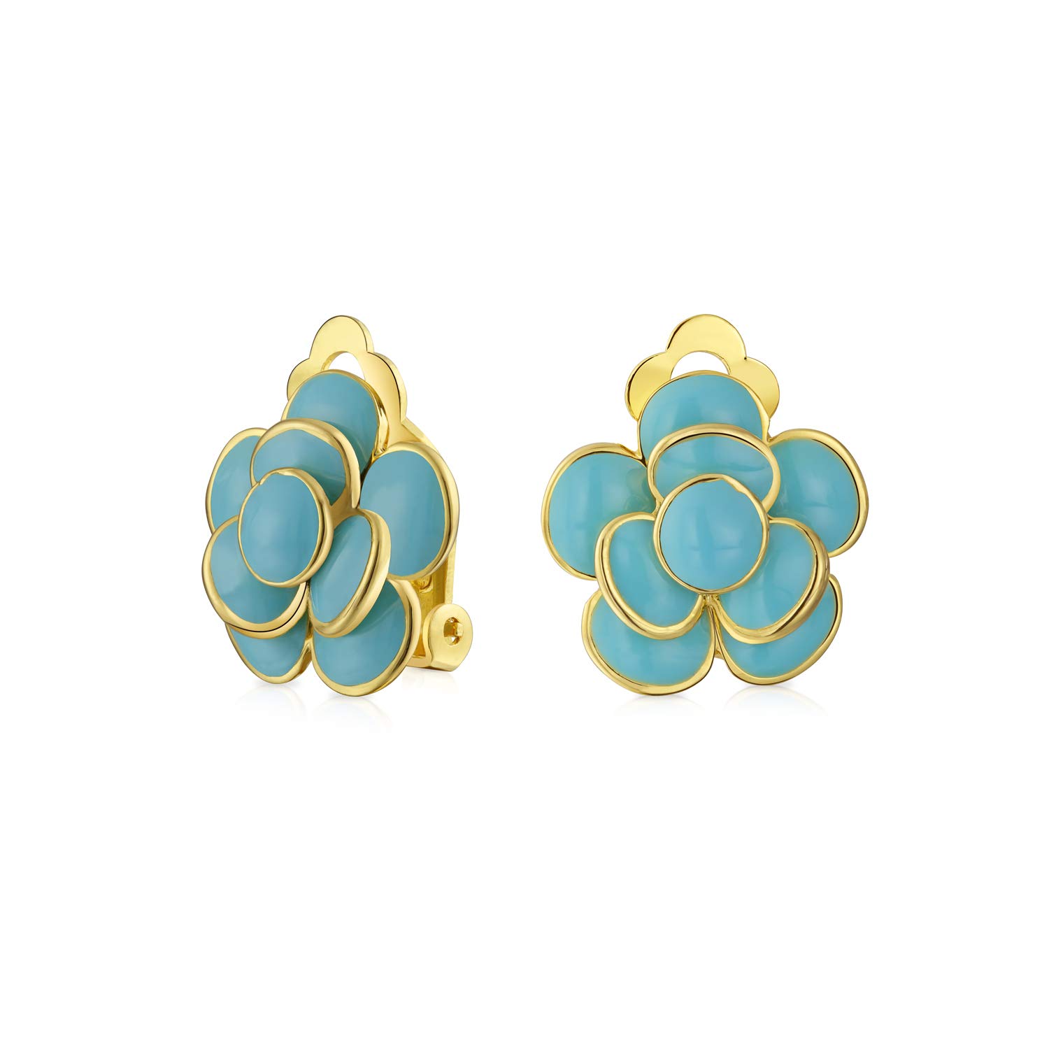 Simulated Turquoise Blue Enamel Rose Flower Retro Clip On Earrings Button Style Non Pierced Ears Gold Plated Brass โ image 1