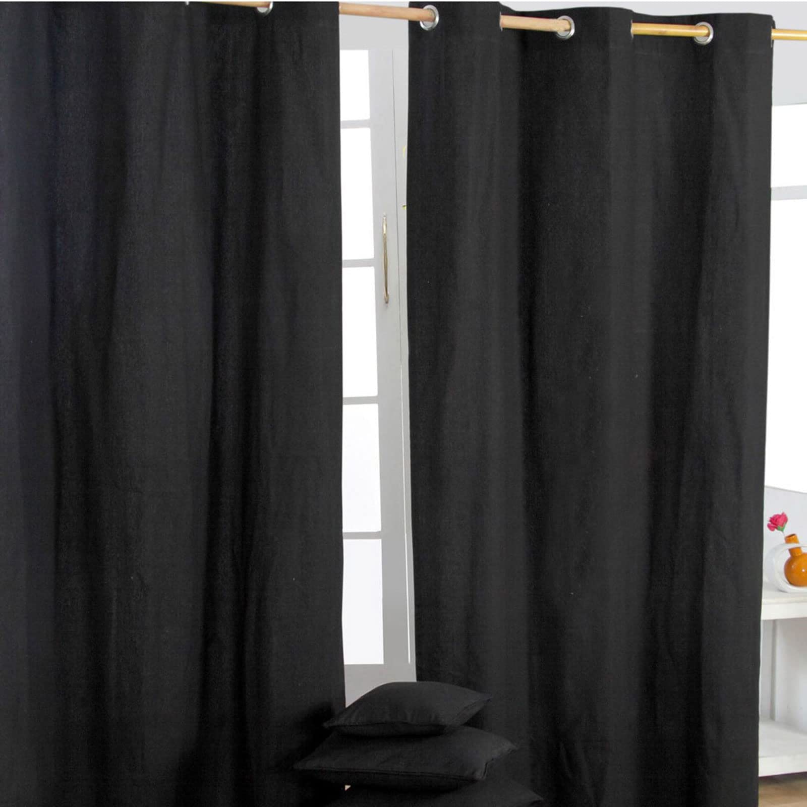 HOMESCAPES Black Eyelet Curtain Pair 137cm (54") Wide x 182cm (72") Drop Plain Heavy Unlined Curtains — image 1