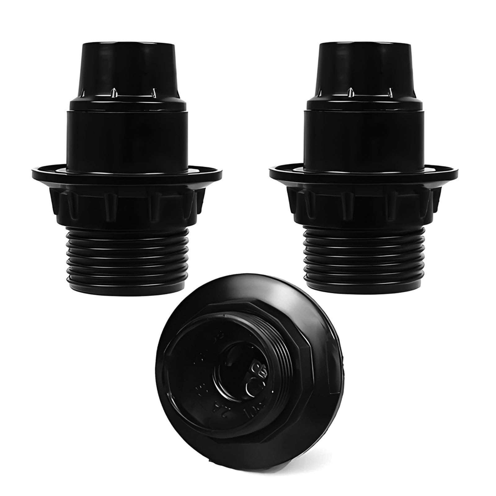 FINELED Small Edison Screw E14 Lamp Holder,3 Pack Bakelite Threaded E14 Pendant Socket & Lampshade Collar Ring (Black)