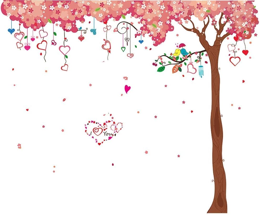 LiveGallery Large Tree Wall Decals Removable Pink Cherry Flower Wall Stickers DIY Heart and Birds Wall Decor 3d art for Home Wall Bedroom Girls Nursery Rooms Living Room Decoration 6 sheets of 12"x36"