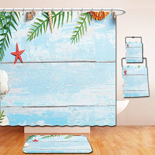 Nalahome Bath Suit: Showercurtain Bathrug Bathtowel Handtowel Seashells Decor Summer Star Fish Seashell Tropic Plants Leaves Seaweed Nautical On Boat Marine Theme