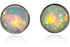 JEWEL OF ROCKS JOR Natural Ethiopian Opal Gemstone Crystal Stud Earrings Pair for Women, Cabochon, Birthstone, Healing Earrings Set, Women Jewelry, Dainty, Silver Plated (1 Pair) (5mm Stone)