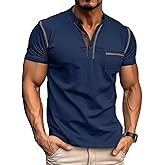 Men's Henley Shirts Short/Long Sleeve Casual Cotton T-Shirt Classic Button Basic Stylish Tees Tops