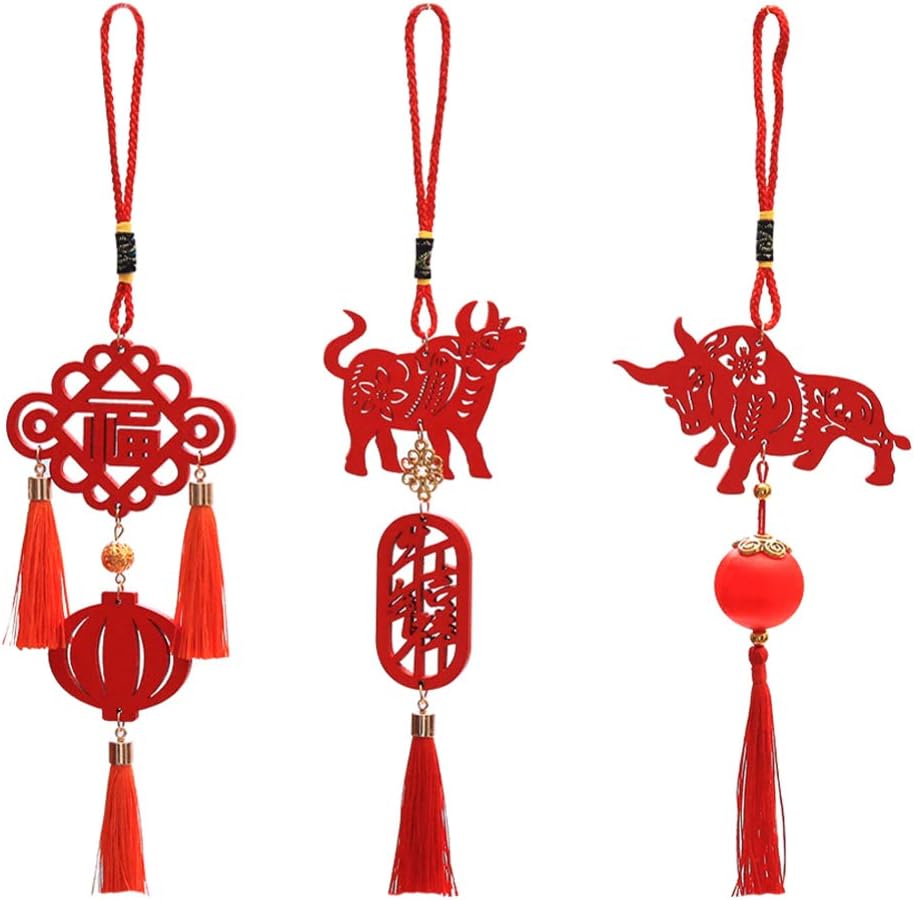 Amosfun 3Pcs 2021 Wooden Cow Ornament Christmas Ornaments Panda New Years Gifts Year Decorations Home for Sale Clearance Tree Pendant Decoration Garden Hanging Red