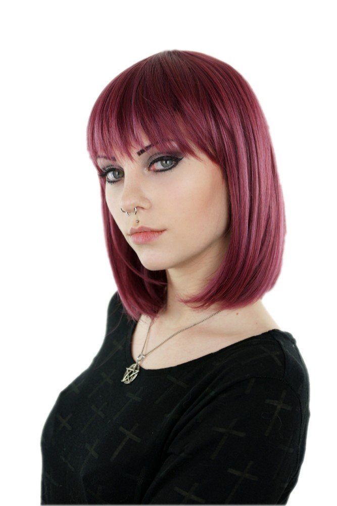 Prettyland - C1277 35cm Straight Red Plum Tones Highlights Mixed Party Daily Short Bob Wig