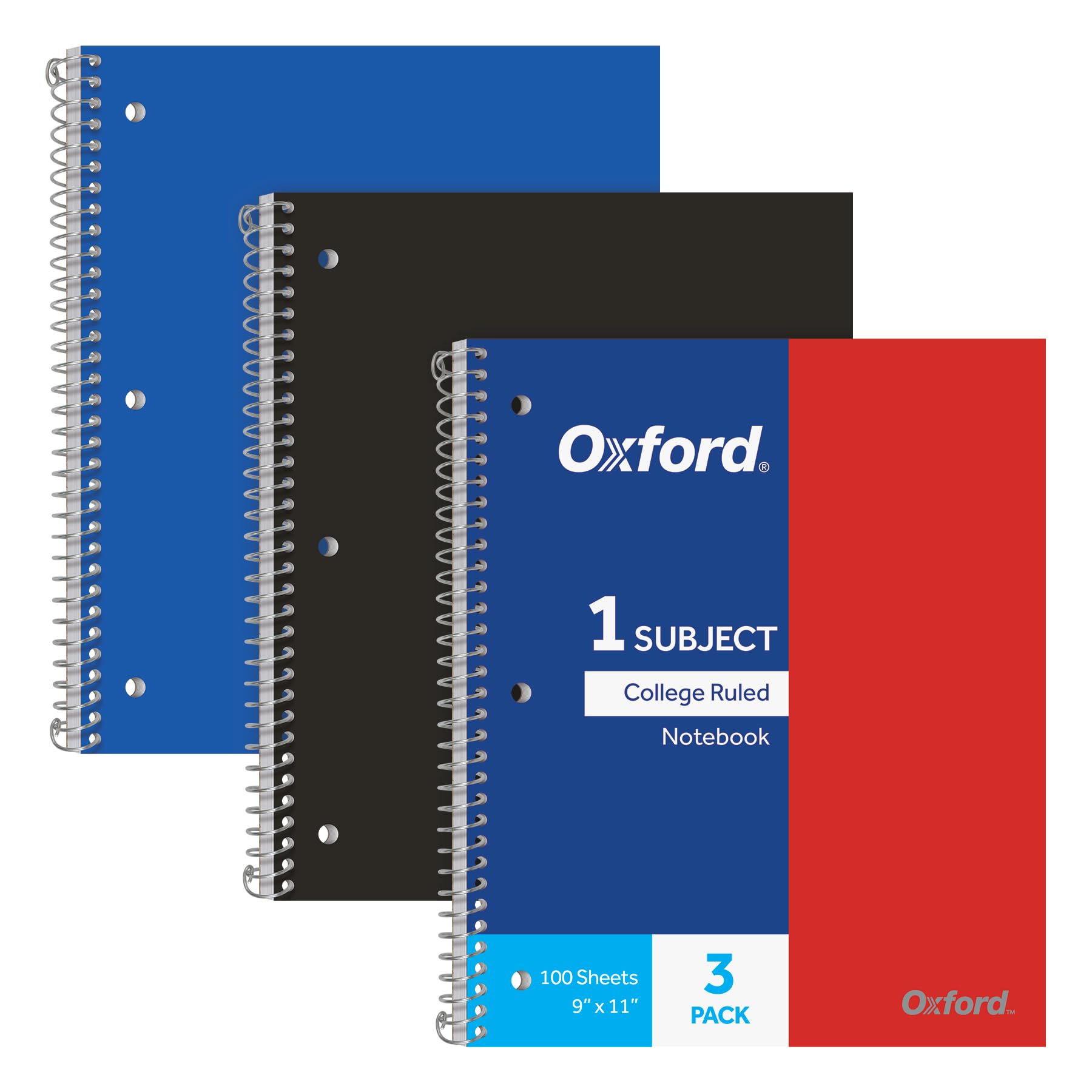 Oxford Tops Spiral Notebooks, 1 Subject, College Ruled Paper, Durable Plastic Cover, 100 Sheets, Divider Pocket, 3 per Pack (10390), Red, Black and Blue