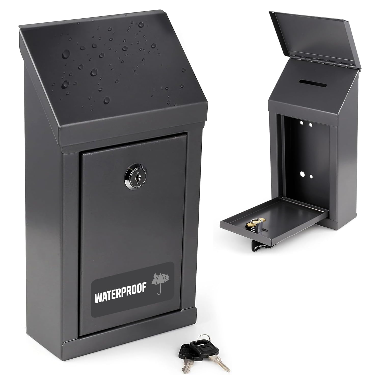My Charity Metal Donation & Collection Office Suggestion Secure Box With Top Coin Slot and Lock - Easy Wall or Counter Top Mounting (Grey Waterproof) — image 1