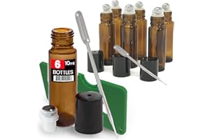 iPrimio Amber Brown Roller Bottles Set, 10 ml Roll On Stainless Steel Roller Balls for Essential Oils, Includes Droppers, Opener, and Labels for Essential Oils, Perfume, Refillable 6 Pack UV Amber
