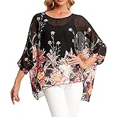 Ckikiou Womens Batwing Loose Chiffon Summer Blouse Tunic Floral Printed Boho Beach Cover ups