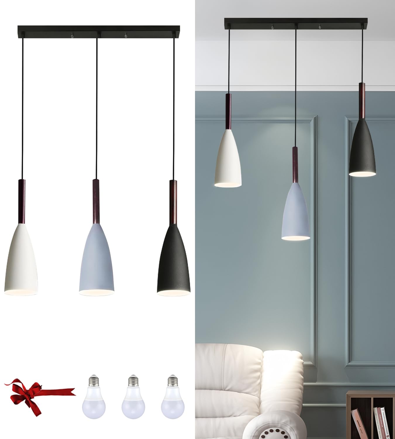 Photo 1 of Bravsekai 3 Island Lights Kits for Kitchen, Modern Industrial Metal Chandelier with 3 Warm White Bulbs, Adjustable Hanging Cords, Suitable for Kitchen Islands, Dining Rooms. Minimalist Decor