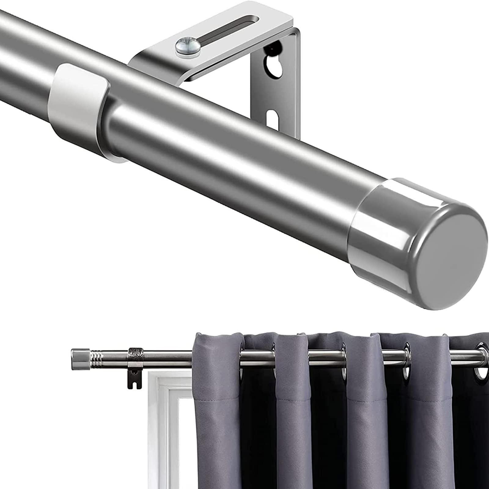Curtain Rod, 76-238 cm Window Curtain Rod with Round End Piece, Single with Stainless Steel Finials, Adjustable Decorative Window for Kitchen, Bedroom, Silver Lid