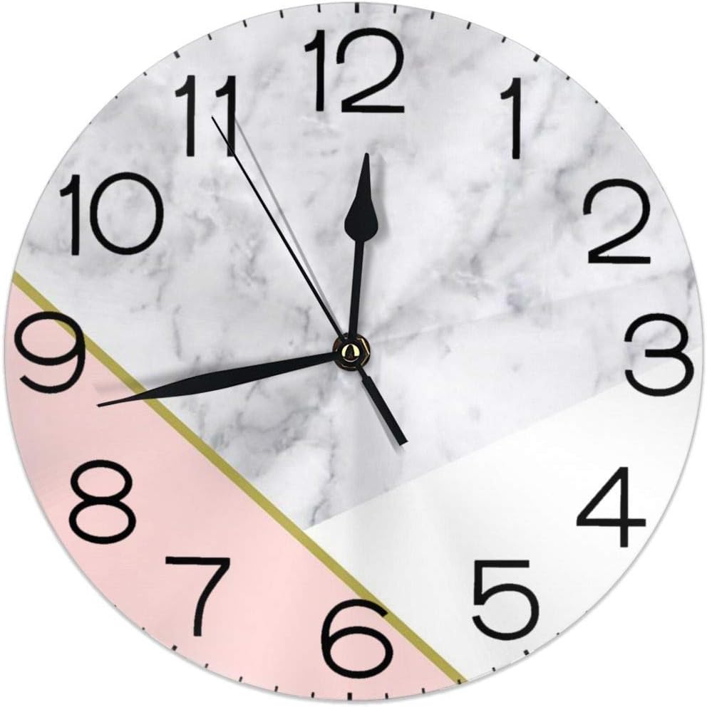 Round Wall Clock Shelf Clock Novelty Vintage Pink Marble Printed for Home House Office School Decorative Whisper Easy to Read Battery Operated 9.84 Inch