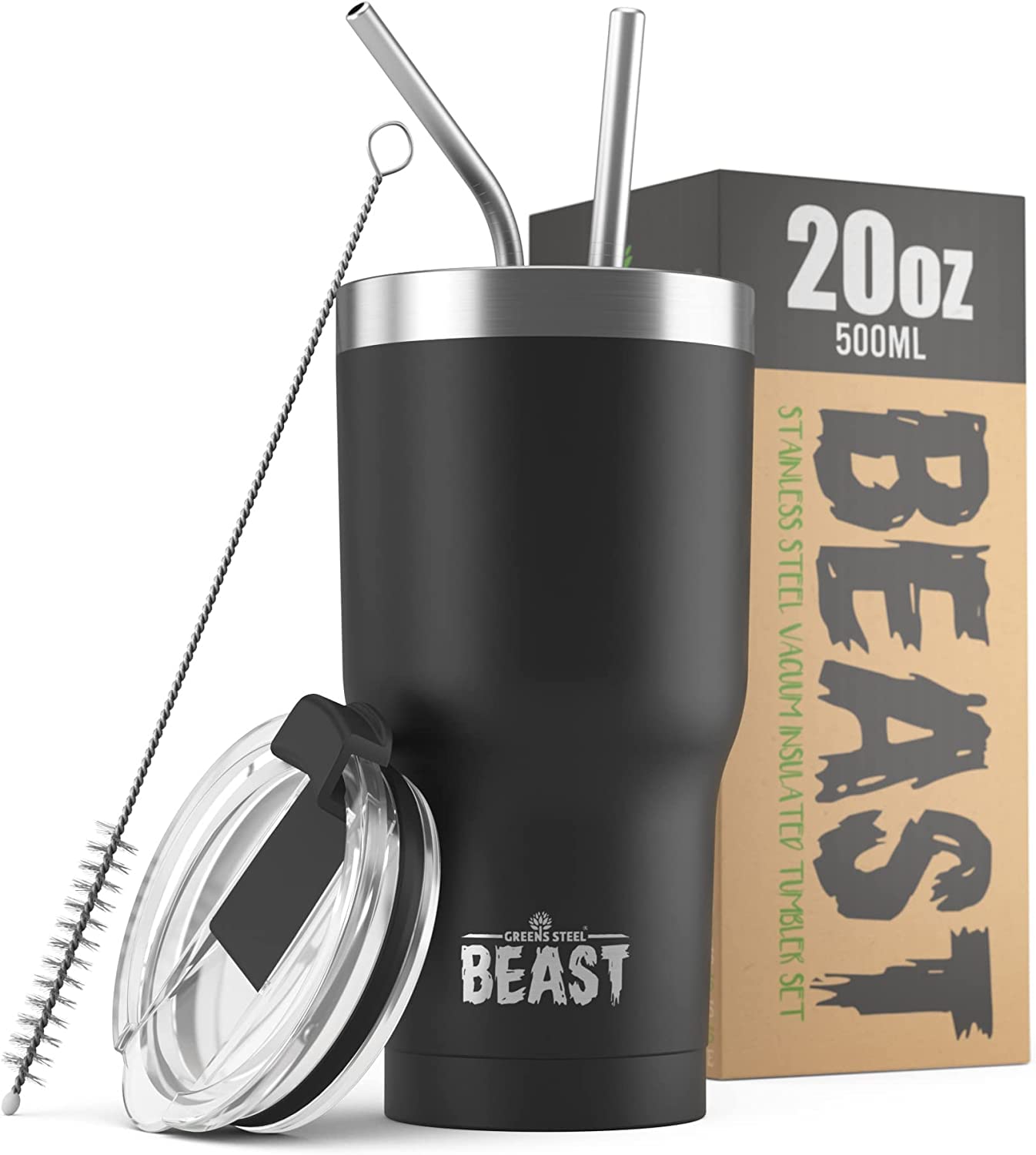 Beast Tumbler - 550 ml (20 oz), Matte Black | Reusable Stainless Steel, Vacuum Insulated Cup | with + 2 Straws & Cleaning Brush | Double Wall Travel Flask Perfect for Hot or Iced Coffee | BPA Free — image 1
