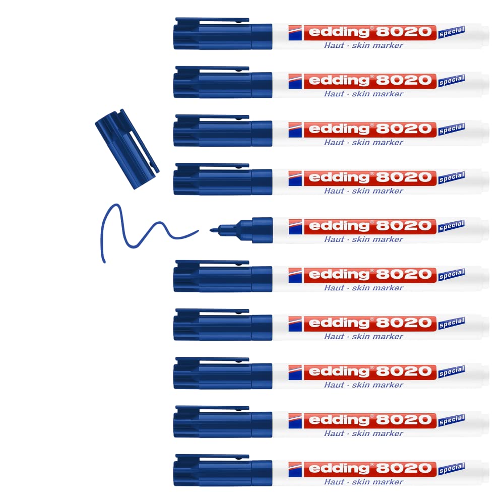 edding 8020 skin marker - 10 pens - blue - round nib 1 mm - skin pen for writing and marking on skin - dermatologically tested - tattoo pen, temporary tattoos