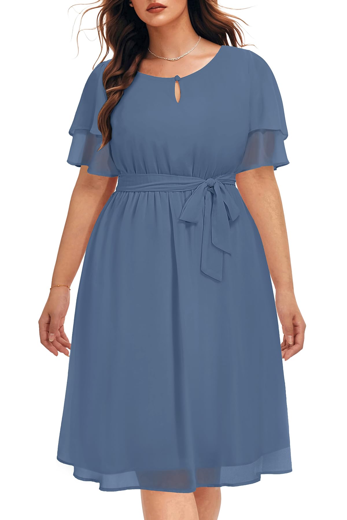 Photo 1 of Pinup Fashion Women Plus Size Dresses Wedding Guest Dusty Blue Semi Formal Chiffon Flutter Sleeves Keyhole Neck Knee Length Dress 16w
