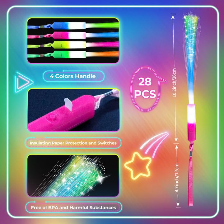 SHQDD 28 PCS Glow Fiber Wands, LED Party Favors, LED Light Wands, Glow in The Dark Party Supplies, LED Flashing Sticks, Fiber Optic Light Wand Stick for Party, Wedding Favors