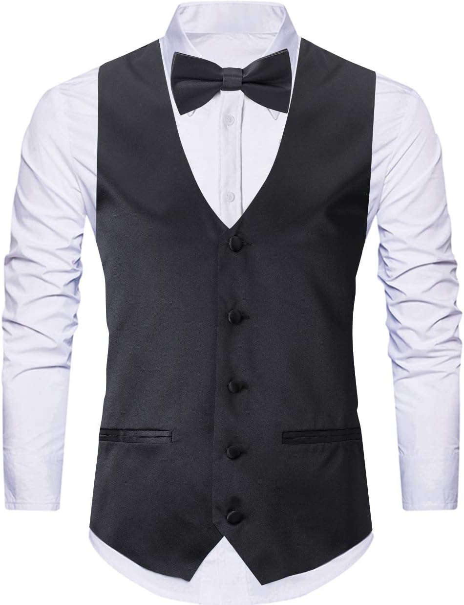 WANNEW 4pc Mens Tuxedo Vest Suit Vest Paisley Vest Set, with Bow Tie, Neck Tie & Pocket Hanky (Large, Black)