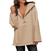 Fisoew Women's Hoodies Oversized Sweatshirts Casual Fleece V Neck Long Sleeve Hooded Loose Fall Winter Pullover Tops