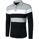HOOD CREW Men’s Long Sleeve Shirts Fashion Color Block Striped Polo Shirt