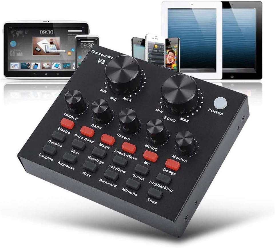 UKSAT V8 Multifunctional Live Sound Card,USB Audio Interface Adjustable Audio Mixer Sound Card with Multiple Funny Sound Effect for Recording Hosting Speech Karaoke YouTube Live