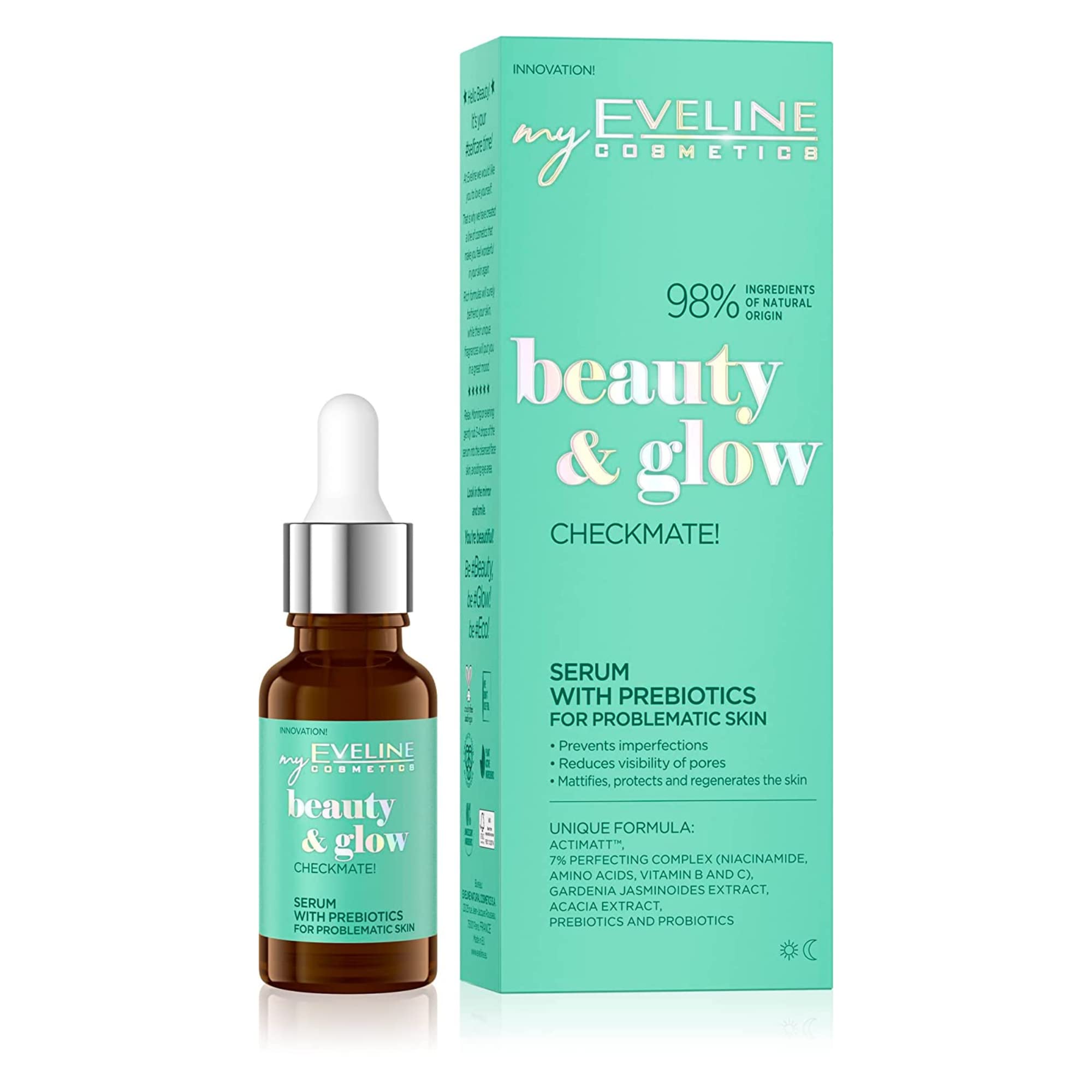 Eveline Cosmetics Beauty&Glow Prebiotic Serum for Problematic Skin – Pore Minimizing, Mattifying & Skin Smoothing Formula with ActiMatte™, Vitamins, Amino Acids, and Niacinamide | 18ml