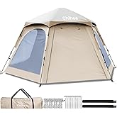 Chihee Camping Tents Pop Up Hexagonal Tent Easy Setup Instant PU Coated Polyester Family Cabin with Rainfly Waterproofing UV Protection Winproof Outdoor Shelter 2 Doors 4 Windows Mesh Ventilation