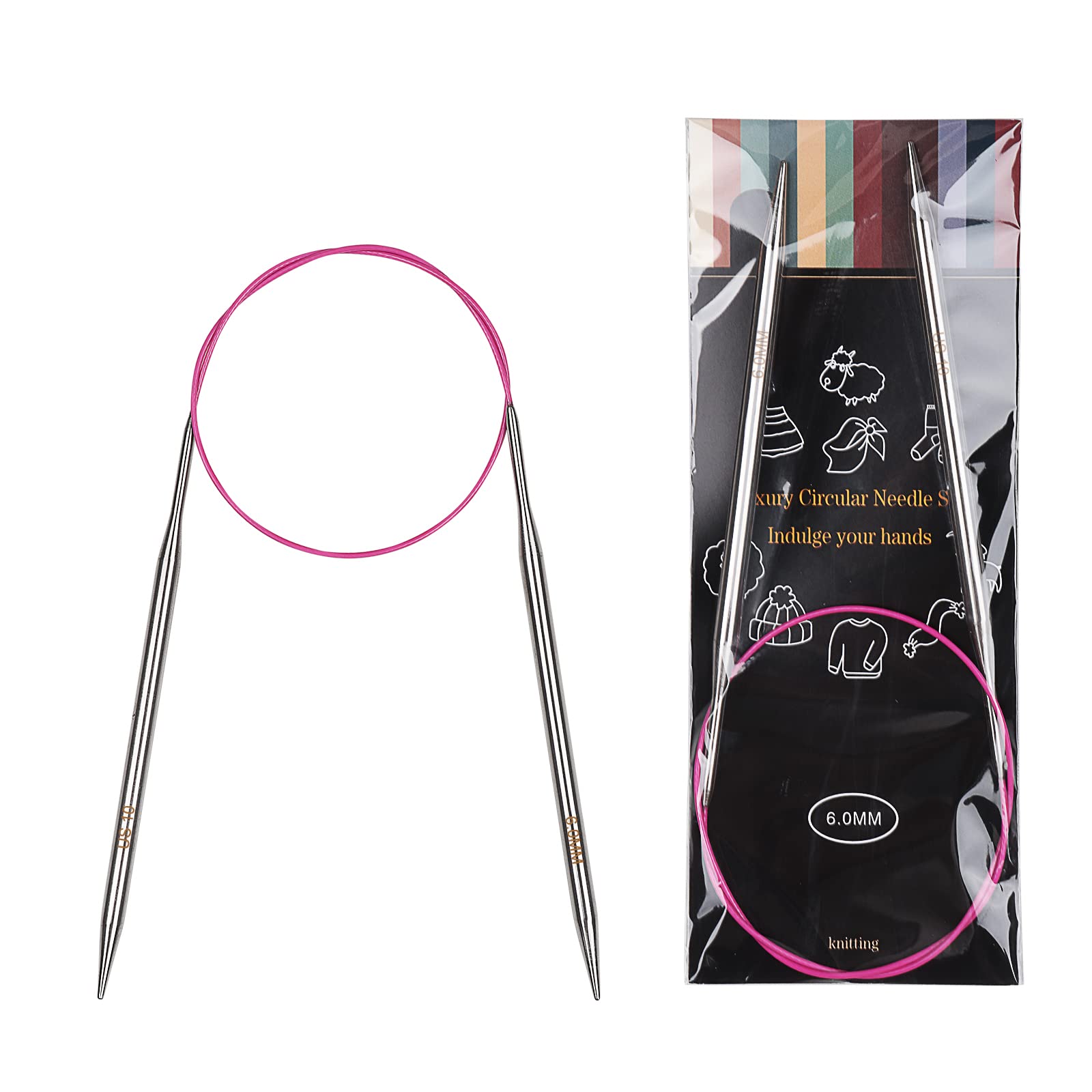 Aeelike 6mm Circular Knitting Needles 60cm, Stainless Steel Round Knitting Needles 60cm, Metal Fixed Circular Needles for Knitting Hats, Socks or Magic Loop
