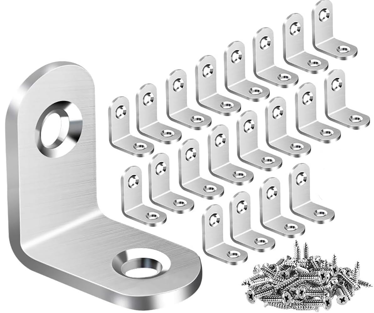 ZiYuya 20PCS Right Angle Brackets for Wood, Stainless Steel Corner Brackets 90 Degree L Shape Bracket Corner Braces Joints Bracket Shelf Support Wall Bracke for Furniture Windows Silver 25mm x 25mm