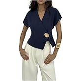 Verdusa Women's Elegant Dolman Short Sleeve Blouse Wrap V Neck Button Front Asymmetrical Tops