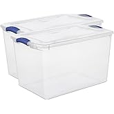 2 Pack 66 Quart Durable Storage Bin – Clear Plastic Container with Secure Blue Latch Lid, Stackable for Home, Closet, Garage, Basement & Attic Organization