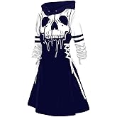 DRESSFO Women’s Gothic Skull Print Hoodie Dress – Long Sleeve Lace Up Colorblock A-Line Mini Dress with Hood