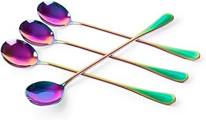 Long-handled ice tea spoon, cocktail stir spoons, stainless steel coffee spoons, Colored ice cream scoop Set of 4