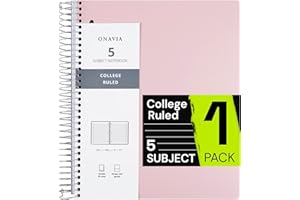 ONAVIA Spiral Notebook for School, 5 Subject, College Ruled Paper, 200 Sheets, 9" x 11", 5 Dividers with Pockets, 3 Hole Punched Perforated, Plastic Cover, Lined Journal, School Supplies, Light Pink