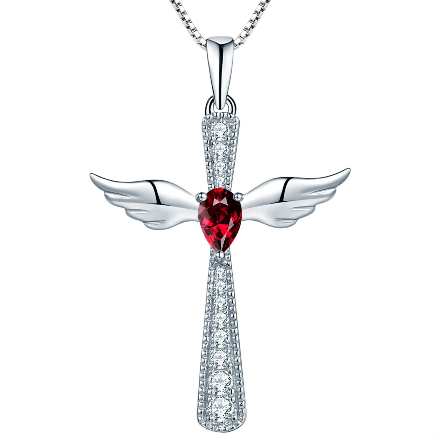 YL Cross Angel Wing Necklace 925 Sterling Silver July Birthstone Ruby Guardian Angel Pendant Necklace for Women