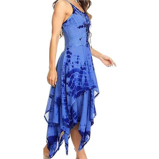 Viahwyt Frauen Sommerkleid Irregulär Korsett Mieder Taschentuch Saum Kleid Sling Strandkleid Ärmellos Kleider mit Bandage für