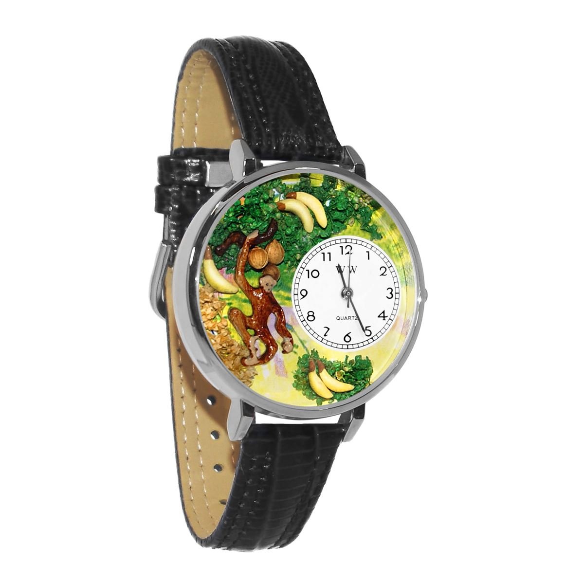 Whimsical Watches Monkey Black Skin Leather and Silvertone Unisex Quartz Watch with White Dial Analogue Display and Multicolour Leather Strap U-0150008