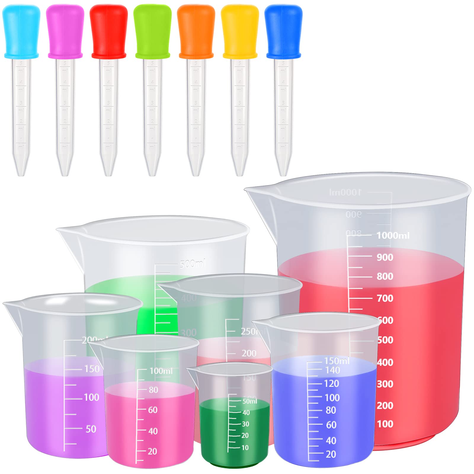 7 Pack Measuring Cups with 7Pcs Silicone Droppers, Heat Resistant Measuring Jugs Set Plastic Jug Beakers Labs Graduated Beakers Mixing Cups Liquid Baking Cooking Measure Tool