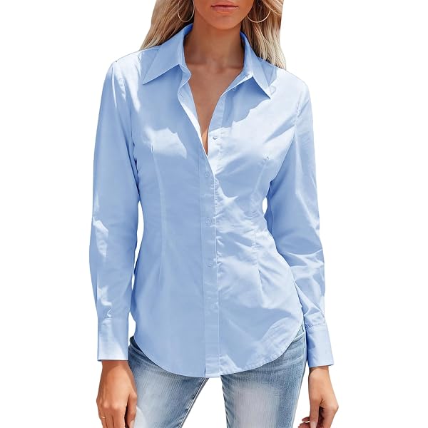 Office Lady Collarless V-Neck Dress Shirts Women Long Sleeve Work Formal Female Blouses Shirts, Versatile for All Seasons (US, Alpha, X-Small, Regular, Regular, Blue Stripes) : Clothing, Shoes & Jewelry