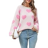 Heart Sweater for Women Valentines Cute Print Crewneck Long Sleeve Oversized Love Sweaters Knit Pullover Tops