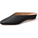 LUXMUWA Woven Mules for Women Slip on Comfortabke Metallic Slides Ladies Trendy Square Toe Hidden Wedge Mules