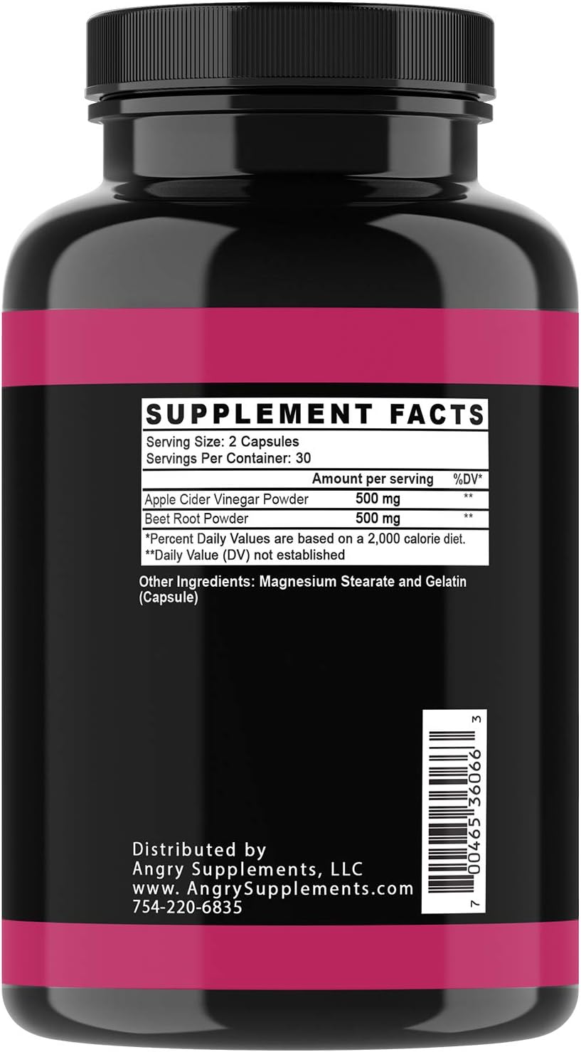 Angry Supplements Apple Cider Vinegar + Beet Root Capsules, Detox Pills, Nitric Oxide + Energy Booster (2-Bottles): Health & Personal Care