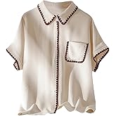 Verdusa Women's Plus Size Button Down Dressy Blouses Contrast Trim Work Tops Collared Shirts with Pocket