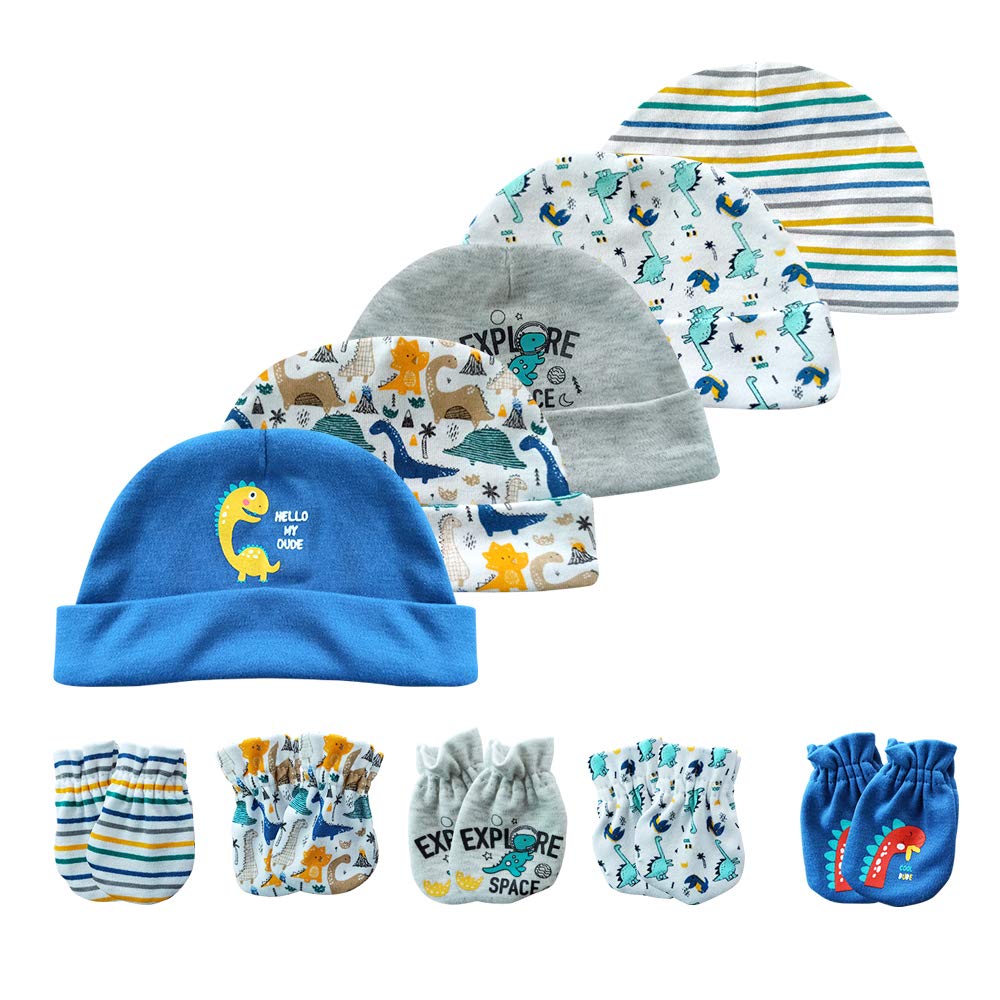 Chamie Baby hat and Mittens Set Newborn - Baby Hats Caps & Baby Scratch Mittens Gloves for Baby Boys Girls 0-6 Months 100% Cotton