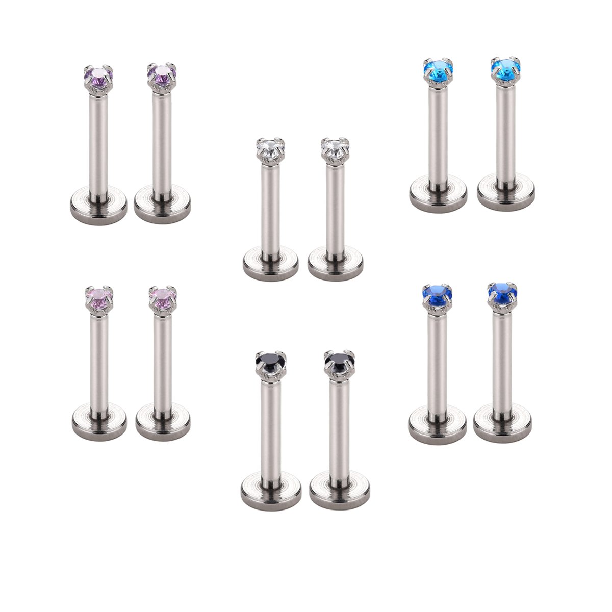 6 Set Nose Labret Lip Ear Piercings Cartilage Tragus Helix Studs Earrings 1.2MM 16G 2mm CZ 8mm Rod