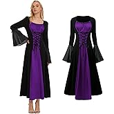 NFAUEIK Renaissance Costume for Women,Medieval Dress with Trumpet Sleeves,Vampire Witch Gothic Dress for Halloween